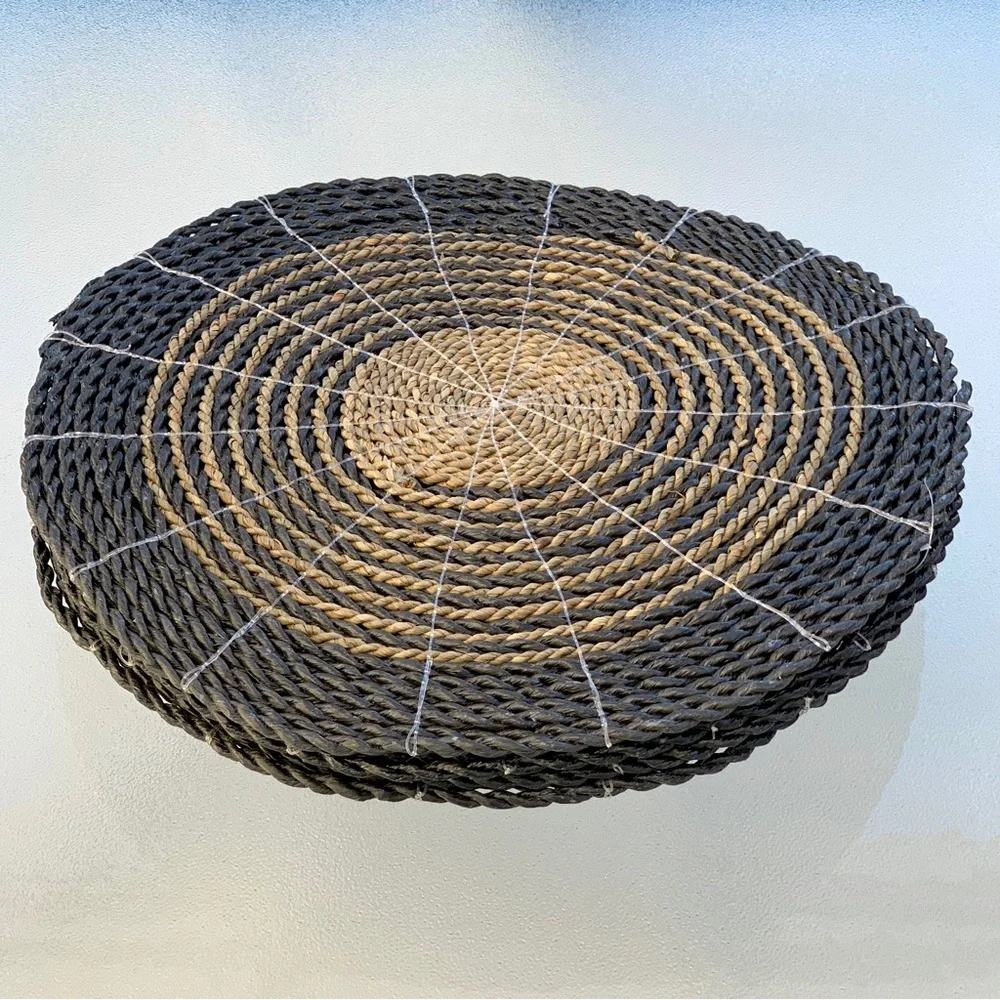 Decmode Round Striped Gray and Natural Seagrass Woven Placemats ~ Set of 4